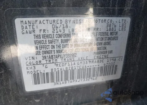 2018 Nissan Sentra S from USA, damaged, VIN 3N1AB7APXJY332962